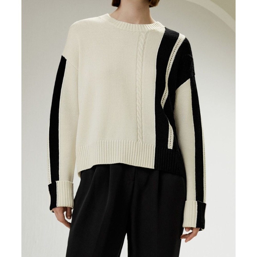 Lilysilk 100% Merino Wool Colorblock Cable Knit Sweater White Black Small